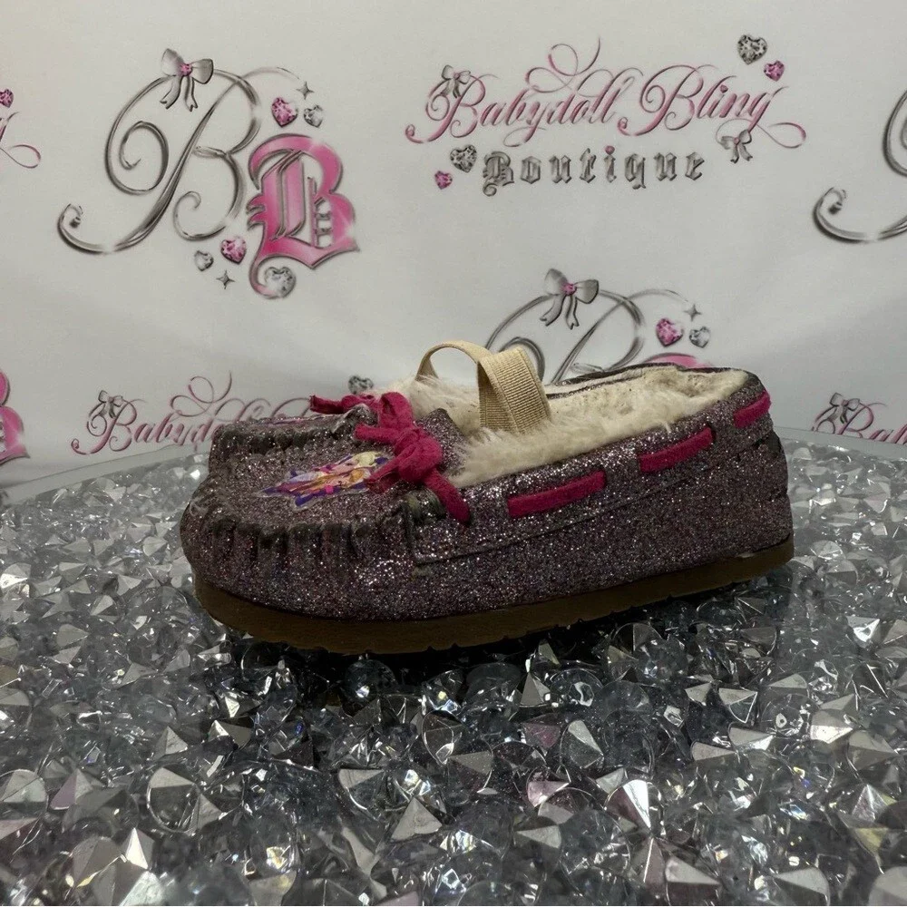 Disney moccasins Frozen Elsa princess sparkly Glitter Slippers with Pink Laces